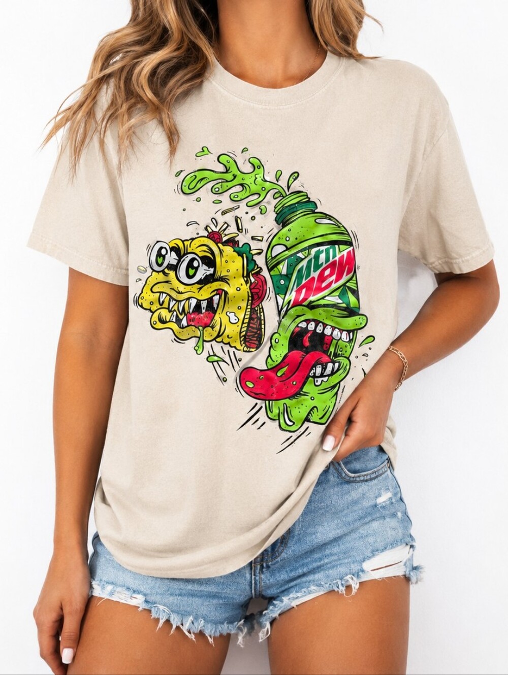 💜 (4 For $20) Mountain Dew Y2K Style Graphic T Shirt Beige Streetwear Tee